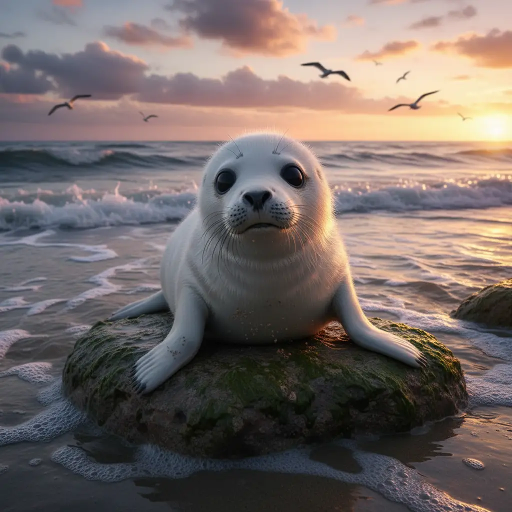 Cute young seal on rocky beach at sunset with seagulls