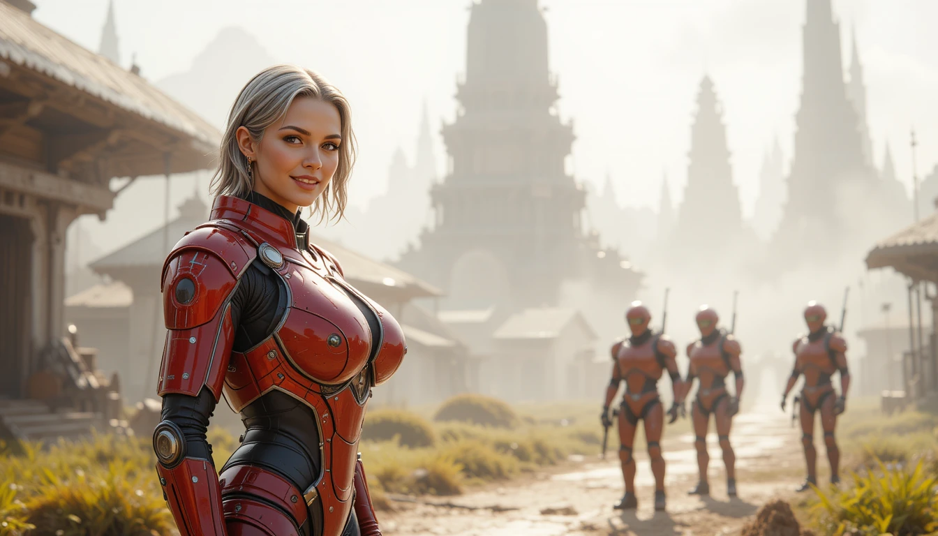 Smiling female space explorer with robot on alien world
