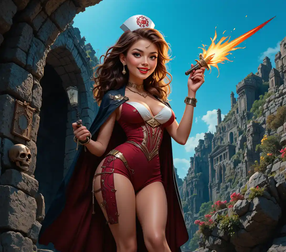 復古科學實驗室裡開朗的復古 pin up 護士