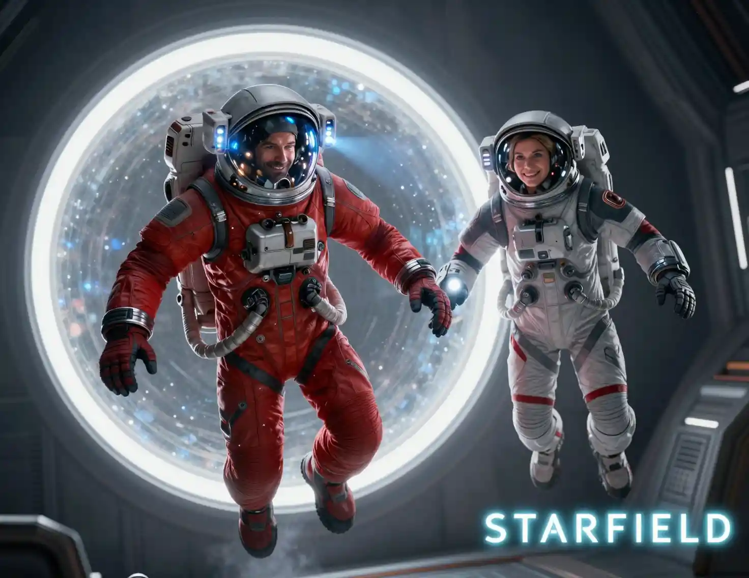Two astronauts floating by a glowing sci fi portal