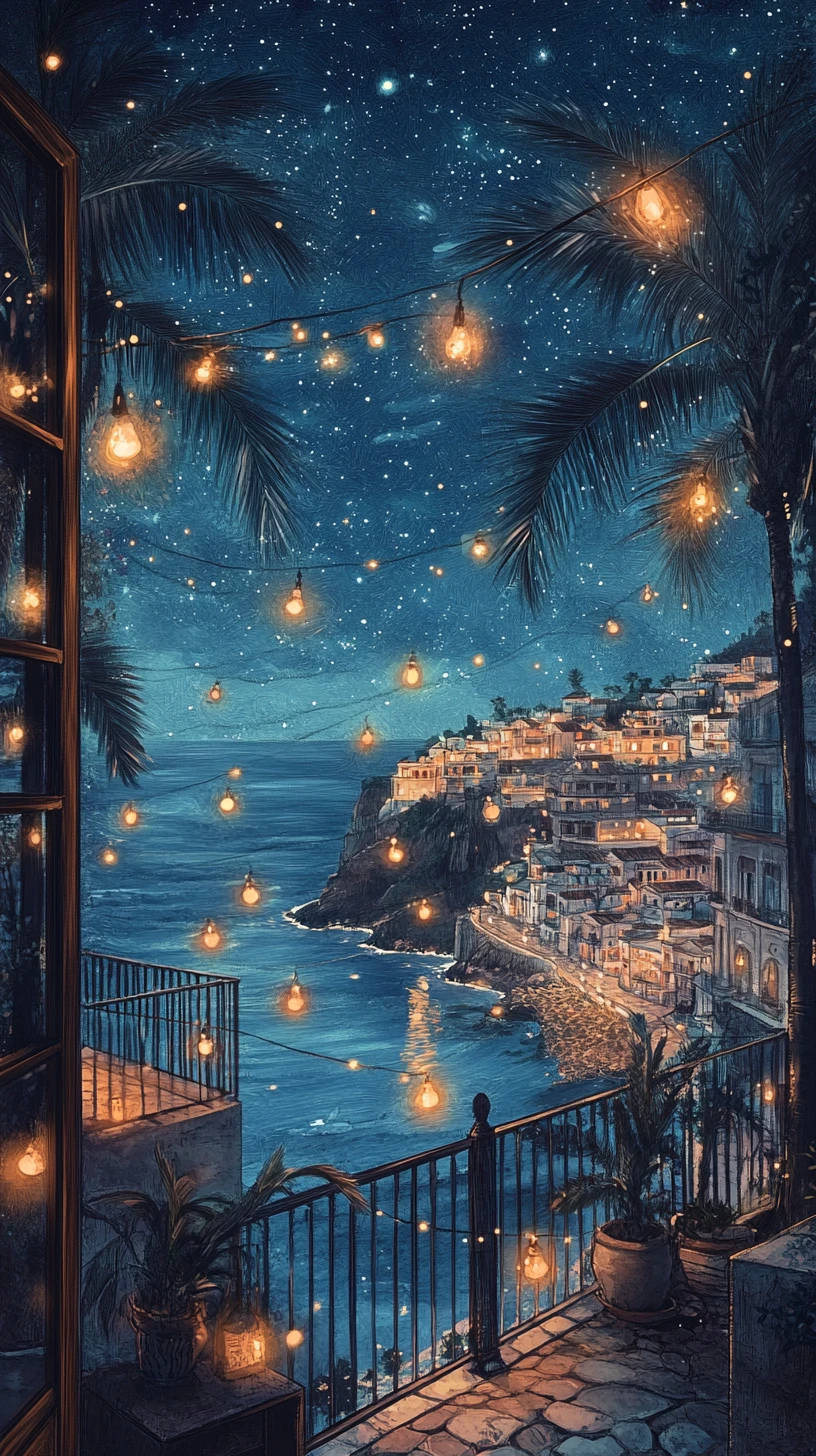 Vista mágica da varanda sobre uma cidade litorânea à noite