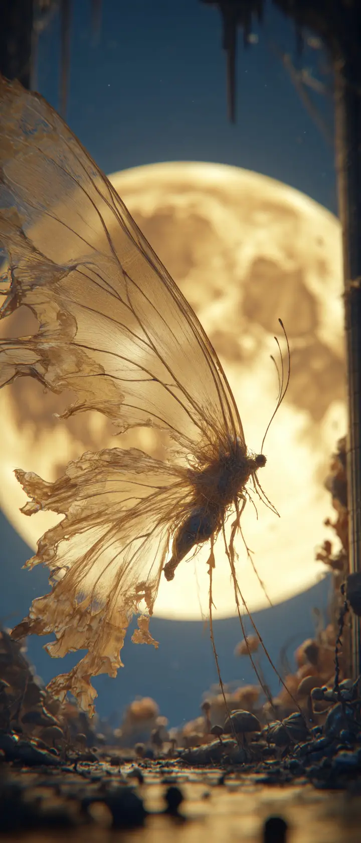 Tattered butterfly before a glowing full moon