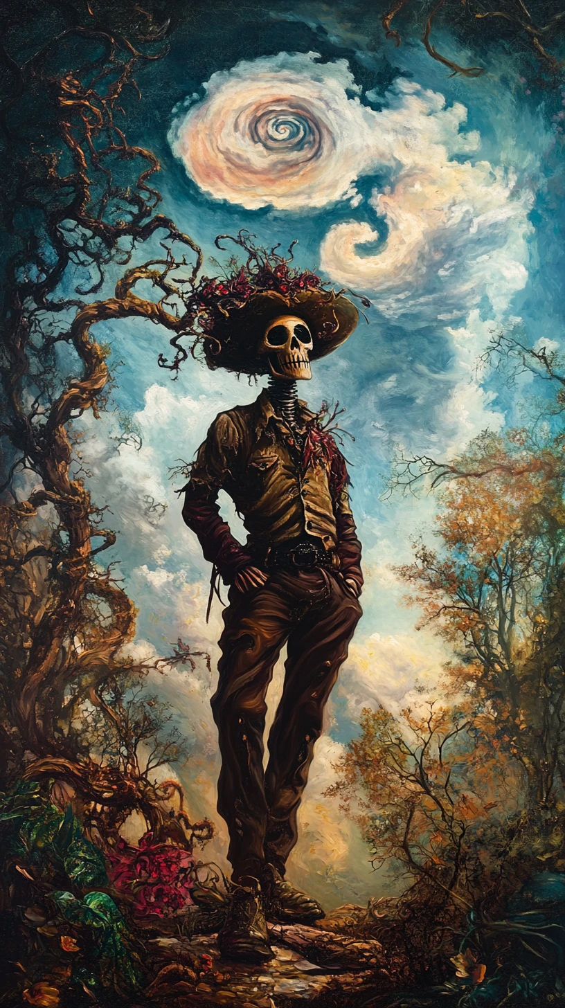 Surreal bandit woman under a tornado sky in forest