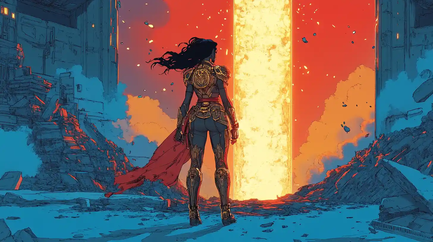 Armored princess at the edge of a glowing portal