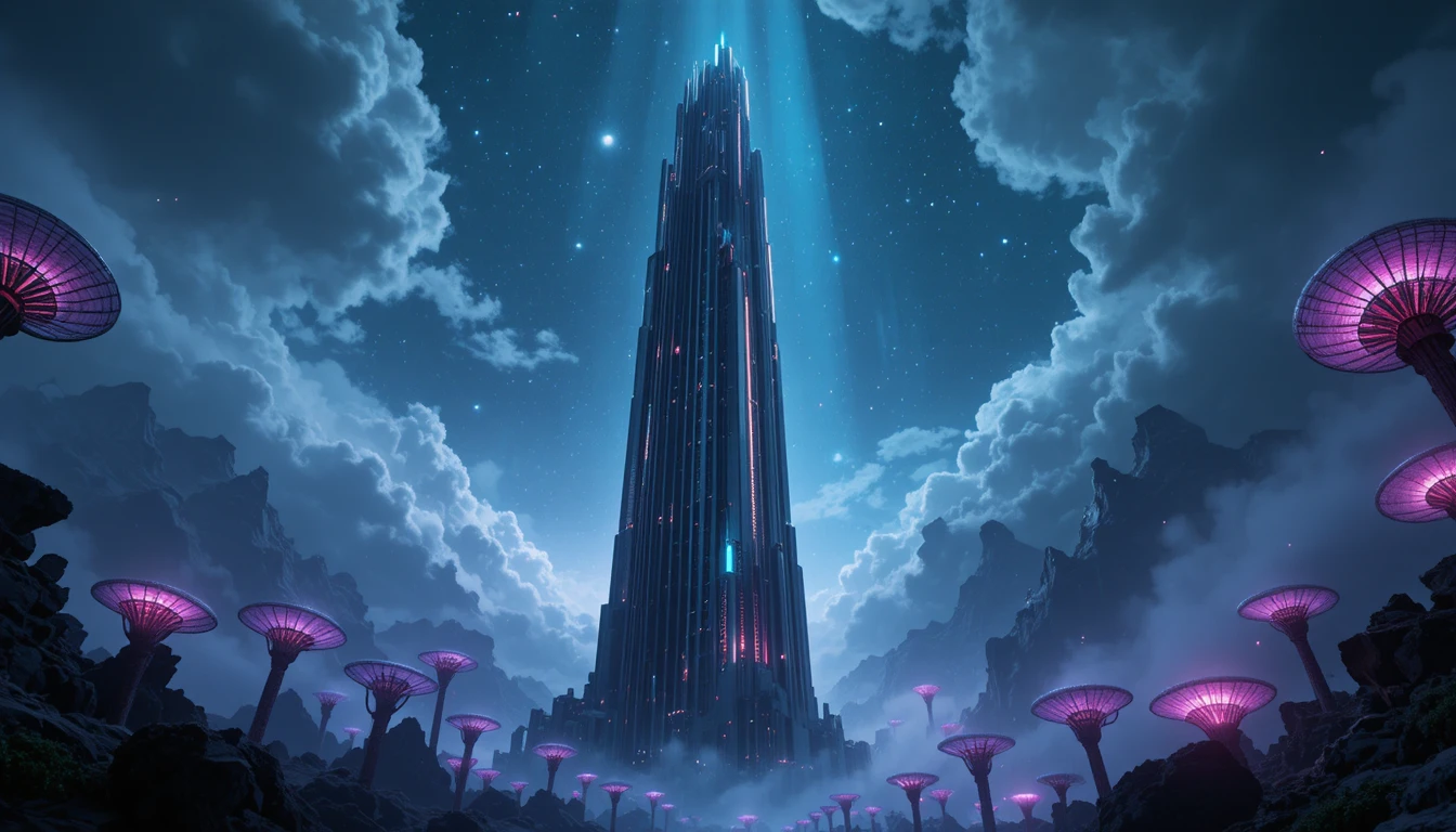 Grattacielo futuristico che si innalza sopra un cielo alieno luminoso