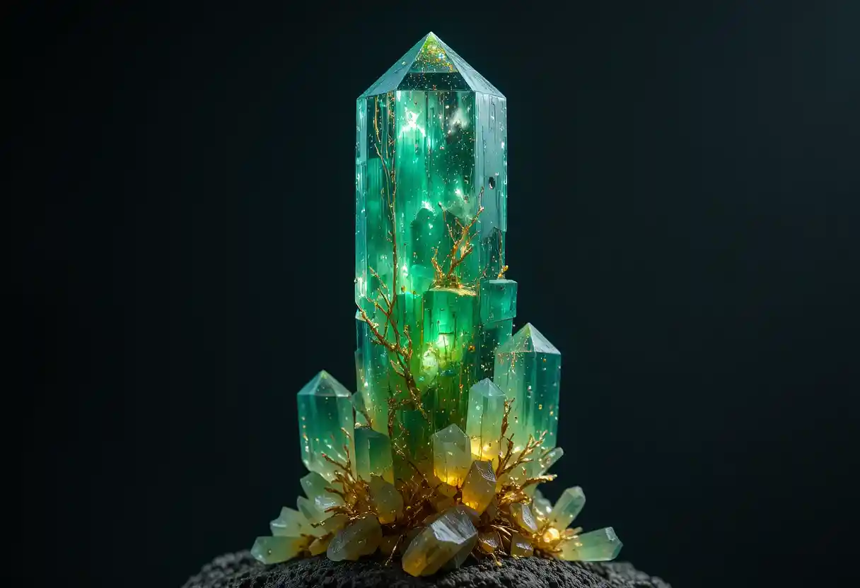 Pilier de cristal émeraude et doré brillant sur fond sombre