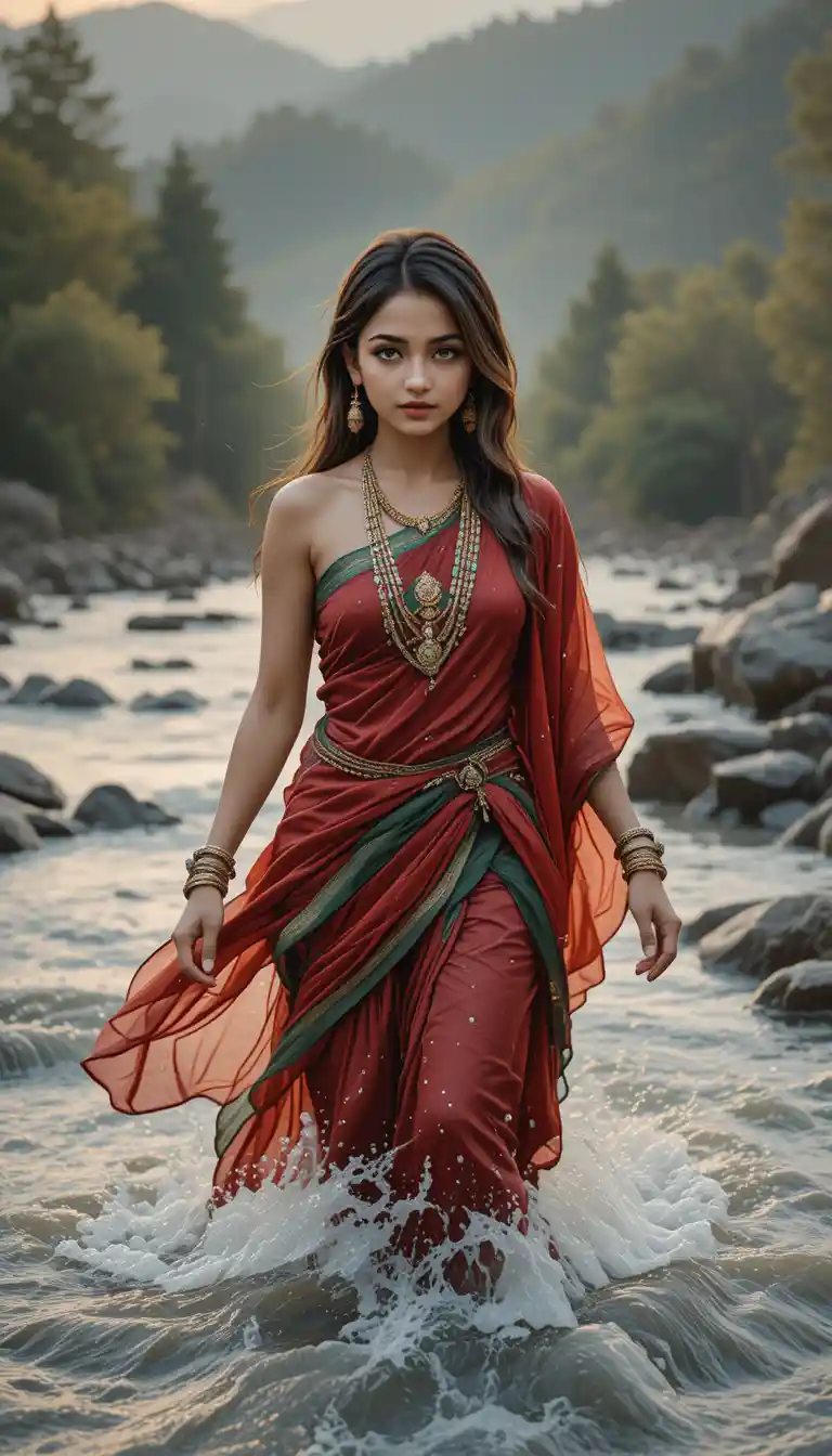 Mulher atravessando rio em enchente com vestido tradicional vermelho e verde
