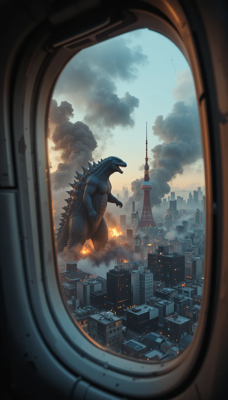 Visão cinematográfica de um monstro gigante atacando Tóquio ao anoitecer