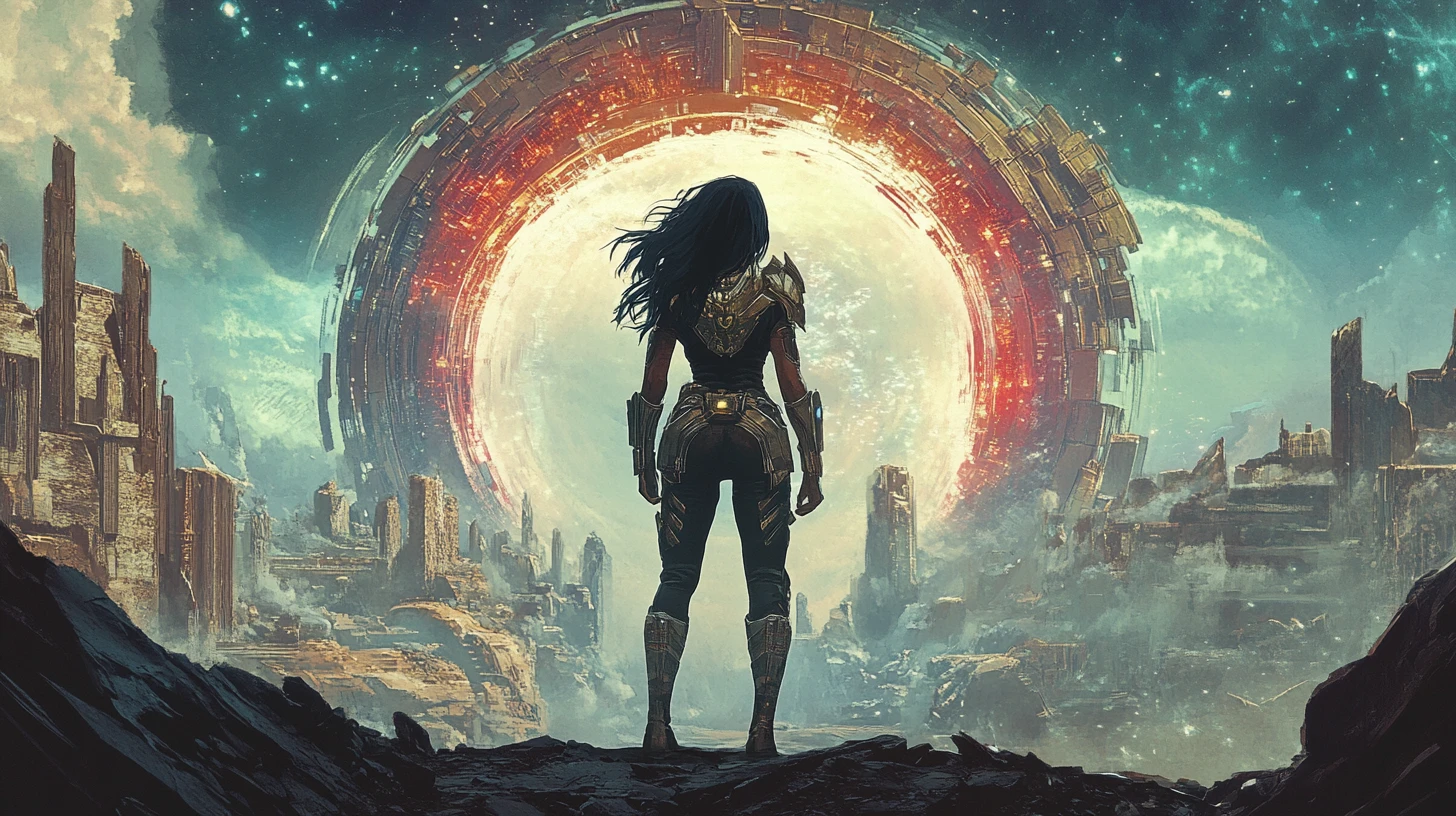 Warrior princess before a glowing interdimensional portal