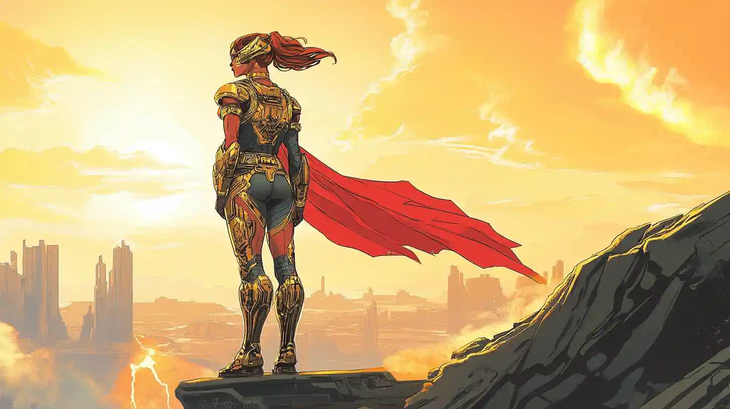 Armored princess at a glowing portal above ruined city