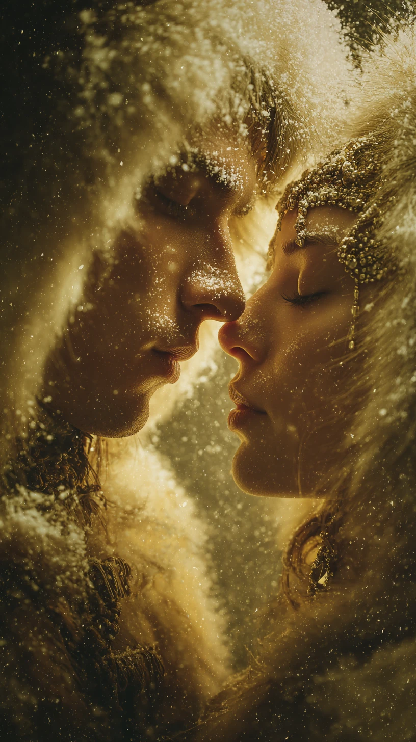 Coppia inuit che condivide un dolce bacio sotto un cielo notturno giallo