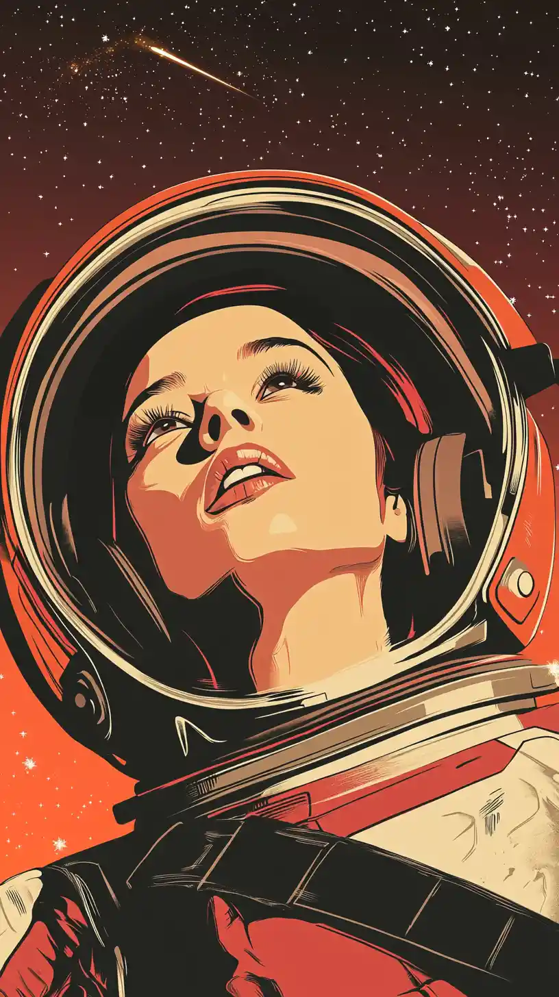 Astronauta donna che fluttua sopra il rosso orizzonte marziano