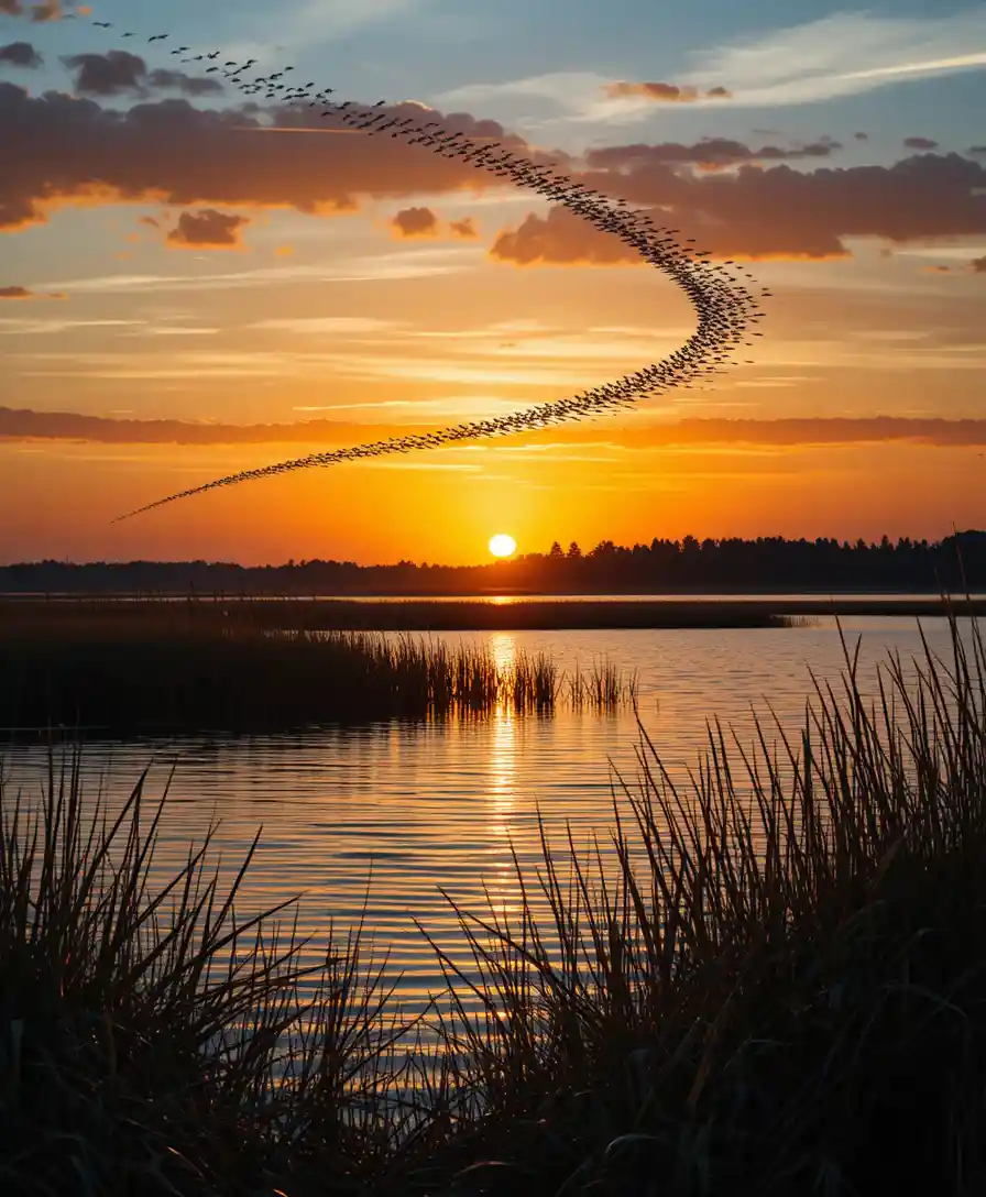 Aves migratorias sobre lago al atardecer con reflejo resplandeciente