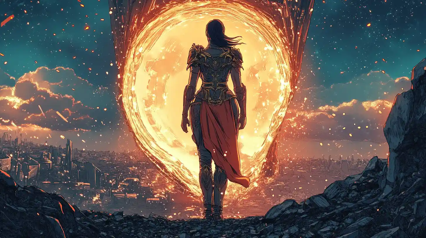 Armored sci fi princess before a glowing dimensional portal