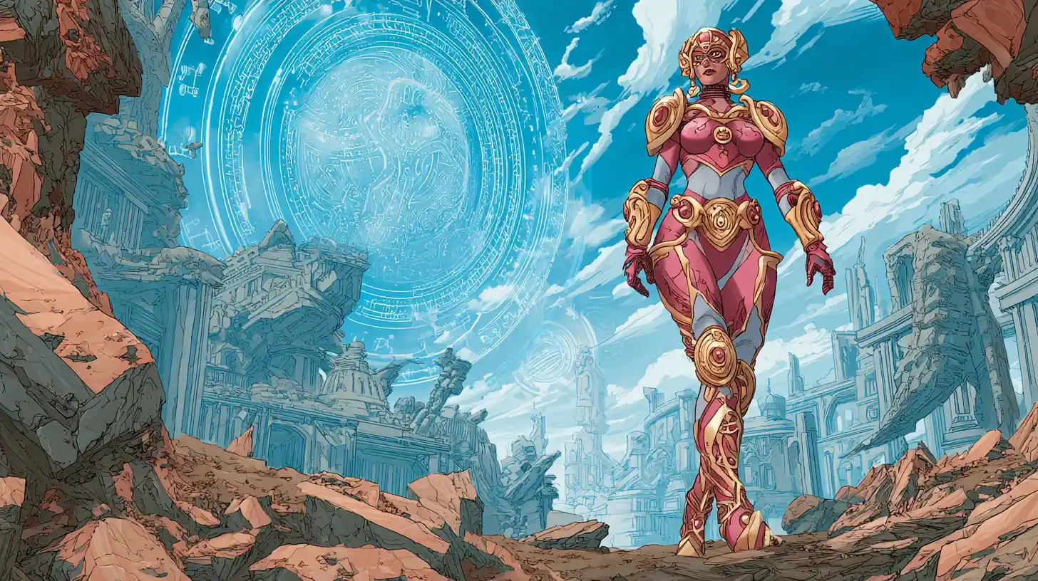 Armored sci fi princess before a glowing interdimensional portal