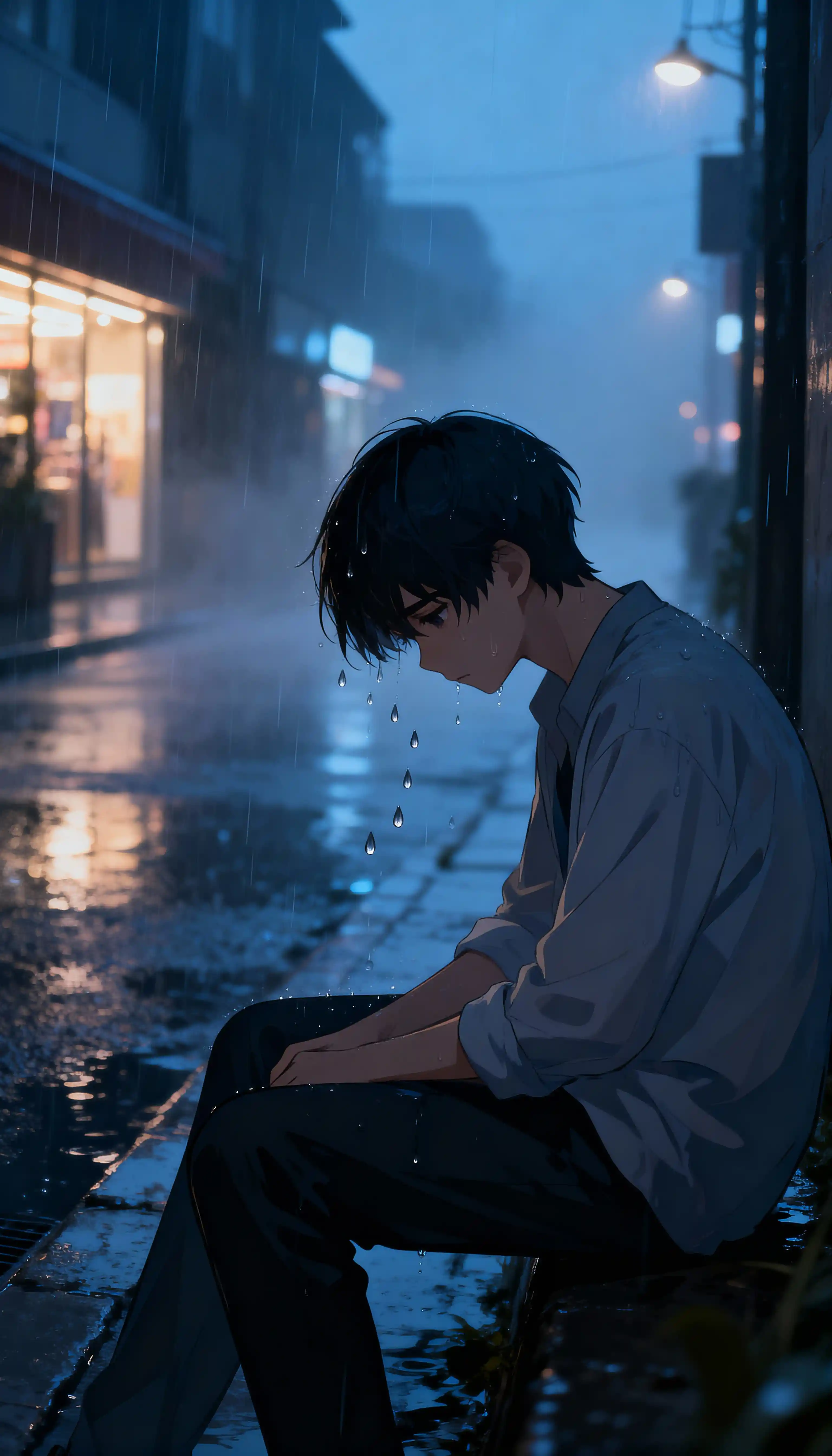 黃昏雨中的城市街道上獨自一人的憂鬱動漫少年