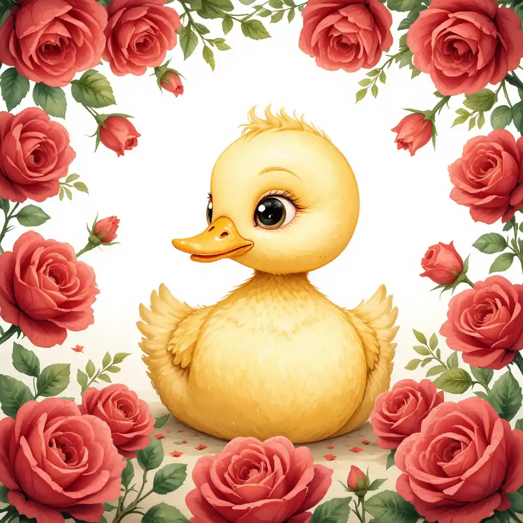 Cute watercolor duck with red roses on white background