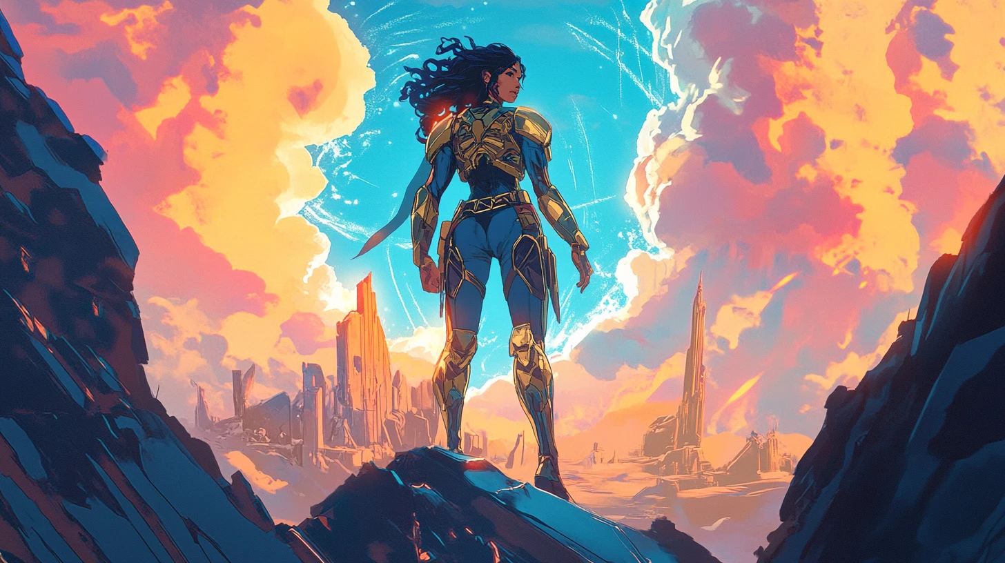 Armored princess stands before a glowing interdimensional portal