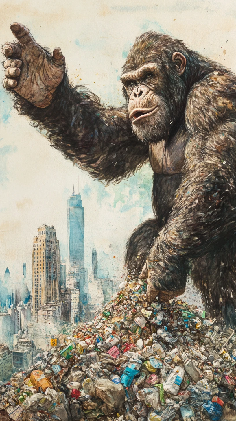 Giant ape crushing garbage before a distant peaceful city