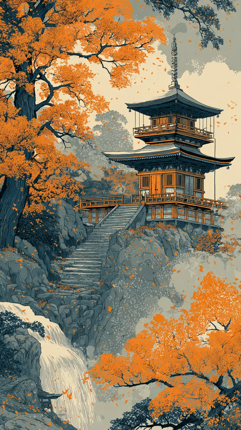 寧靜山坡瀑布旁的浮世繪寶塔