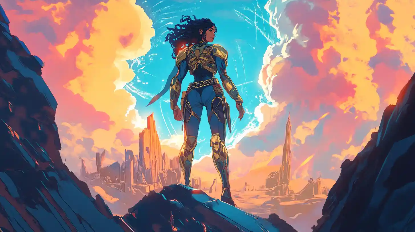 Armored princess stands before a glowing interdimensional portal