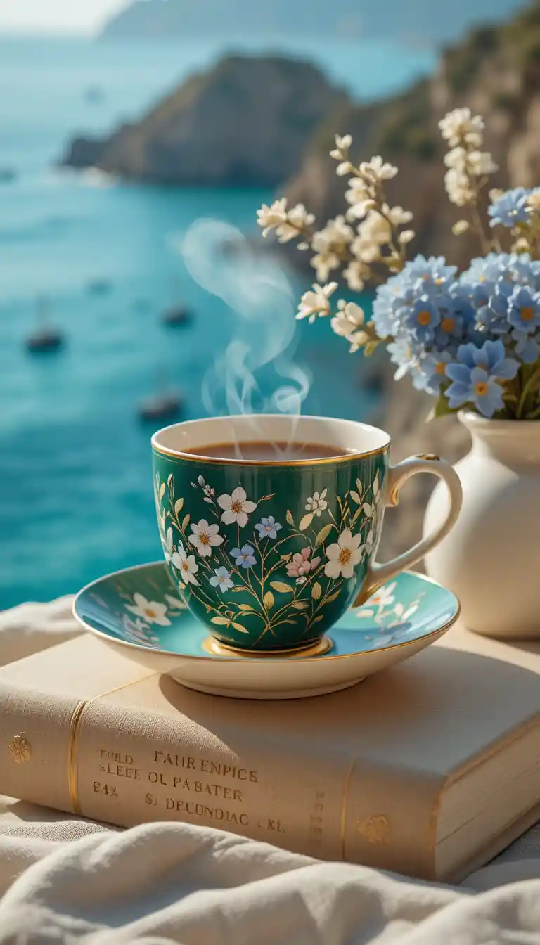 Tasse à café en céramique sur un livre au bord de la Méditerranée ensoleillée