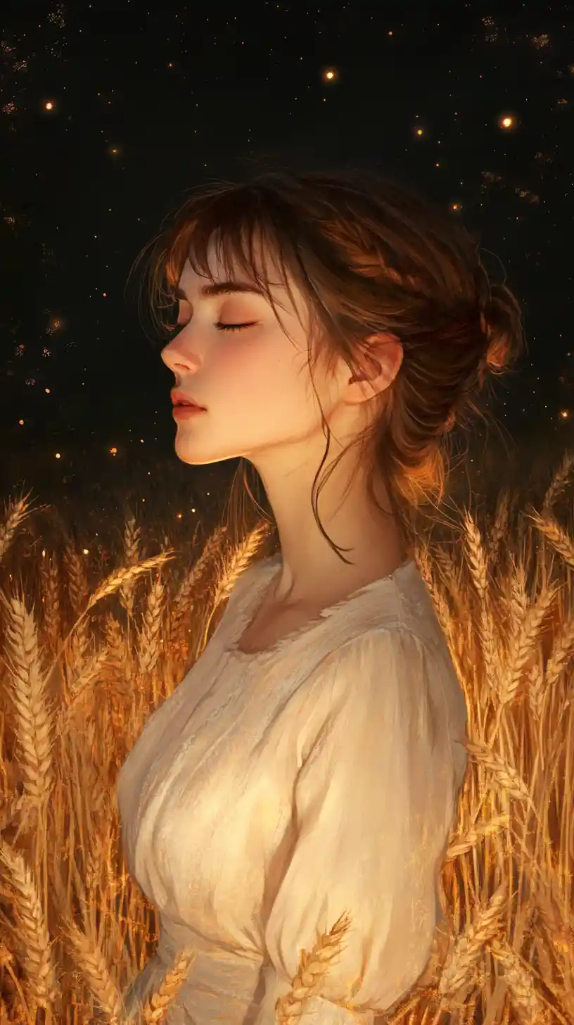 Fille d’anime dans un champ de blé sous un ciel crépusculaire lumineux
