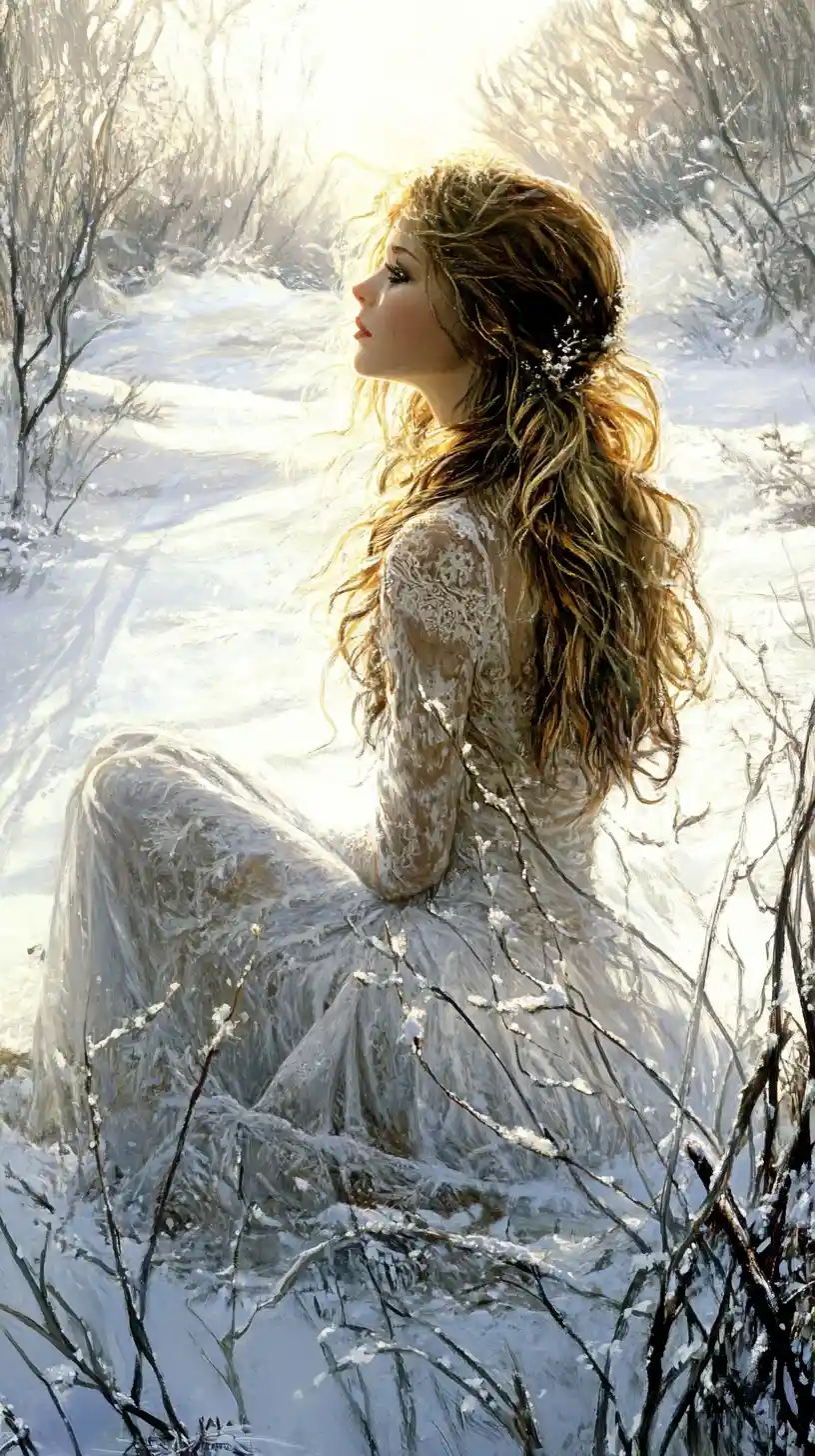 Giovane ragazza giocosa in un paesaggio invernale soleggiato in stile cartone animato