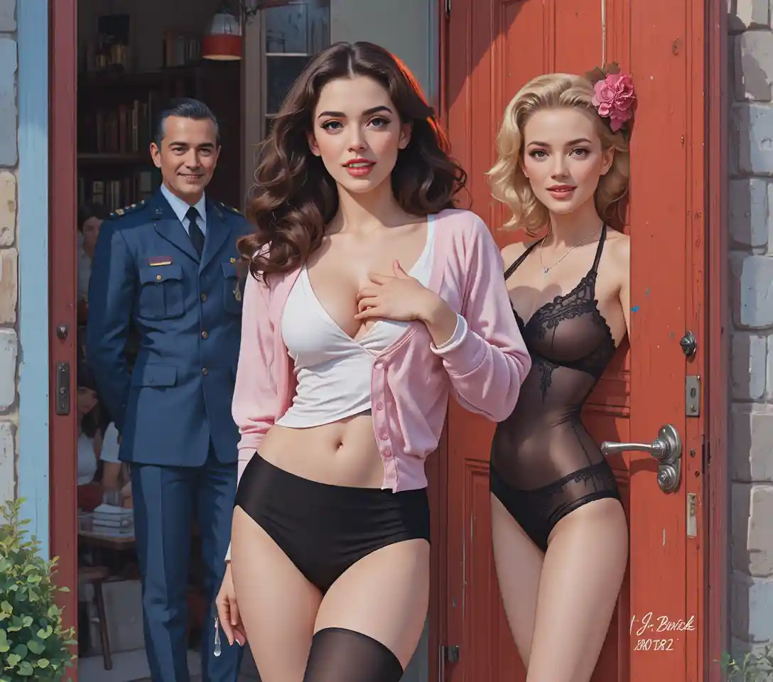 Athletic young woman in pink cardigan and thigh high stockings