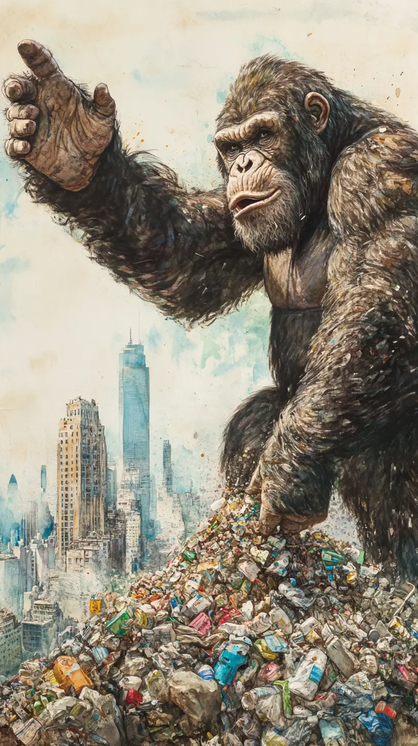 Giant ape crushing garbage before a distant peaceful city