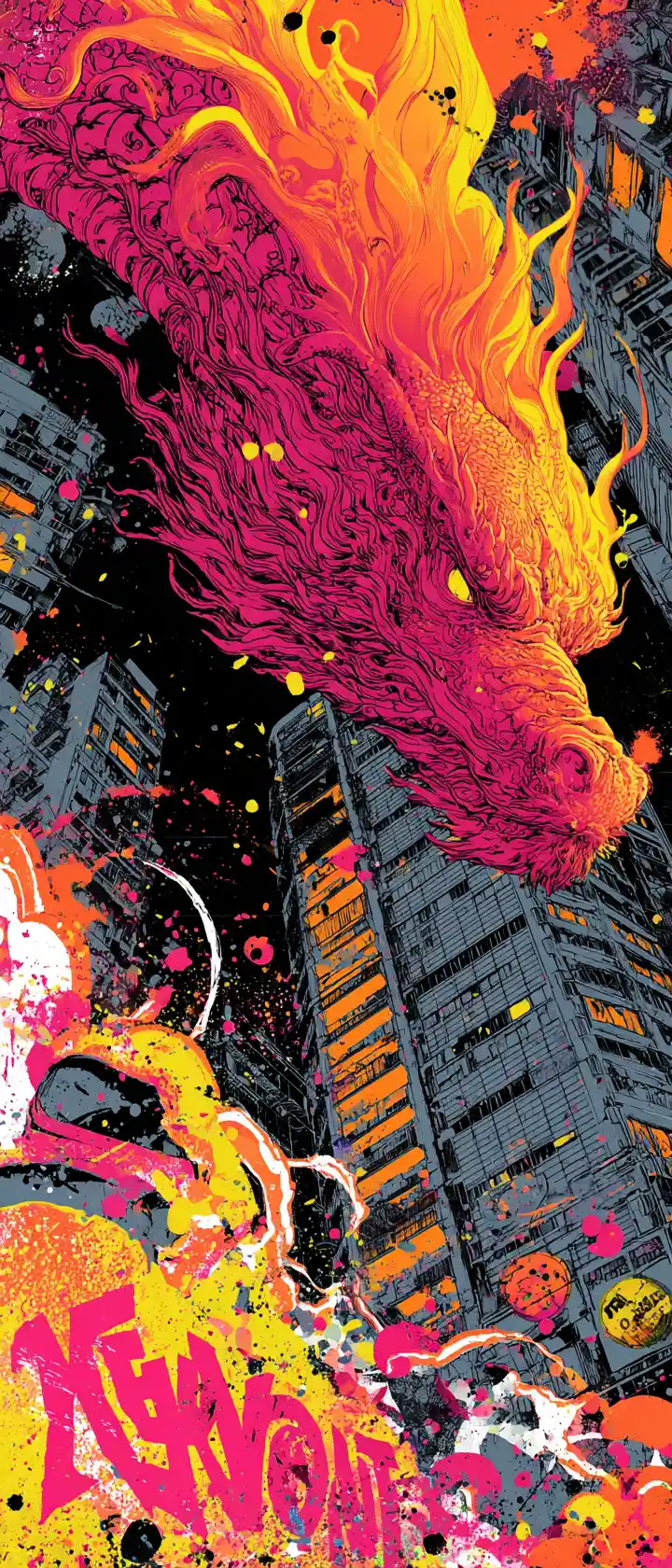 Flame haired rebel woman summoning a graffiti dragon