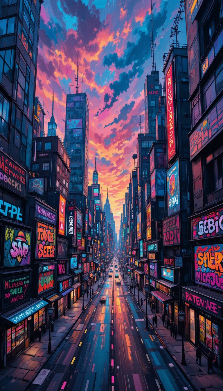 Paysage urbain néon surréaliste, déformé en un chaos coloré et abstrait