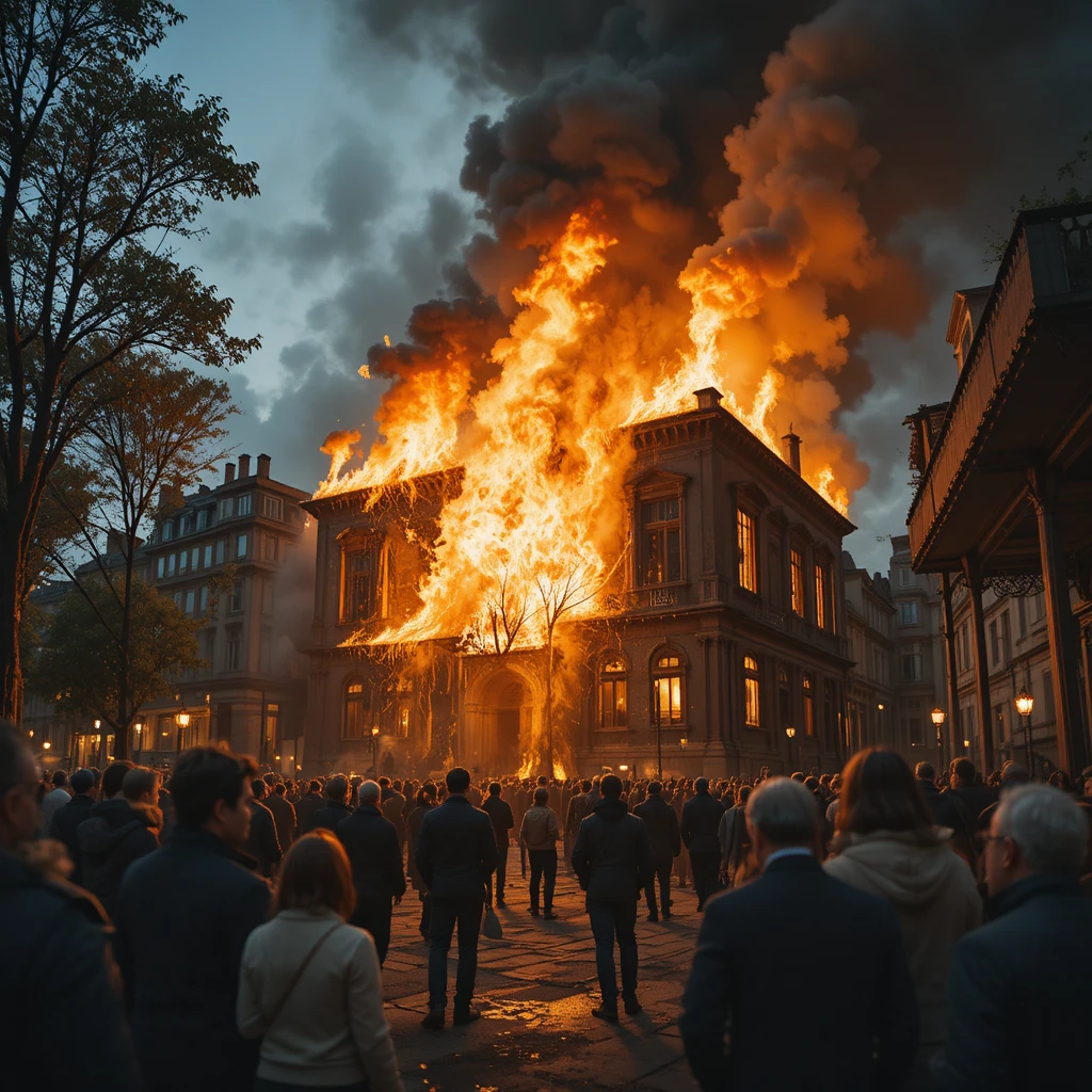 Crowd Watching A Burning Building From The Street