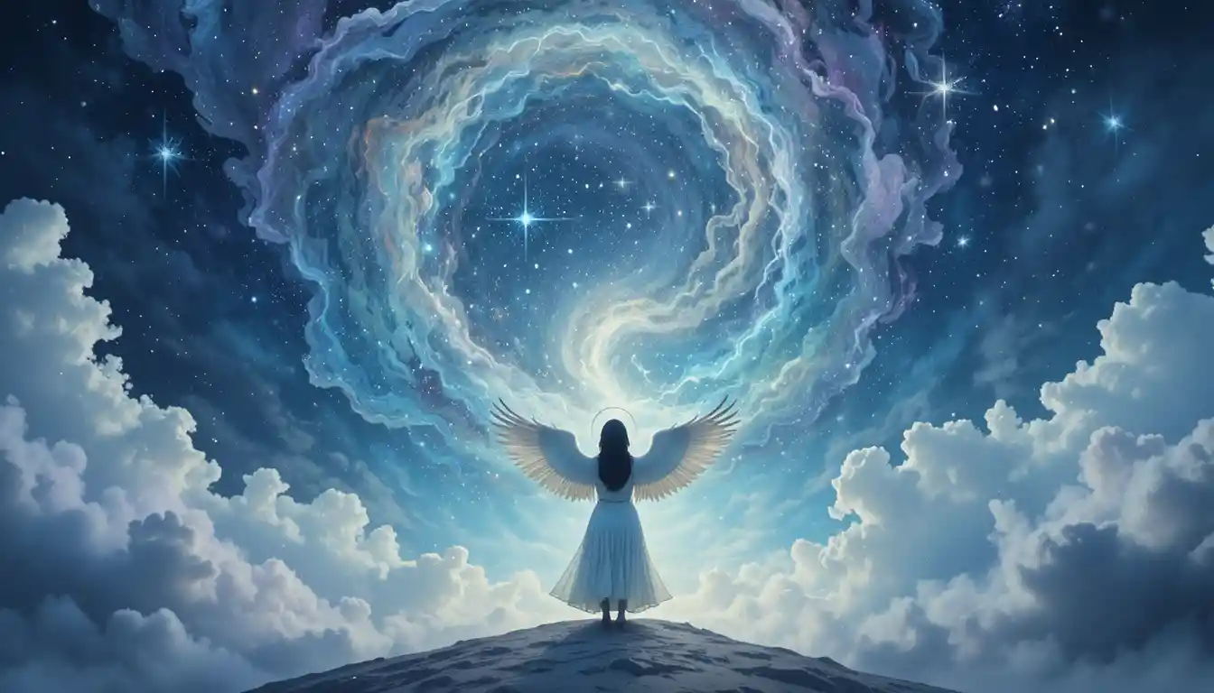 Anjo observando uma nebulosa cósmica em espiral em aquarela