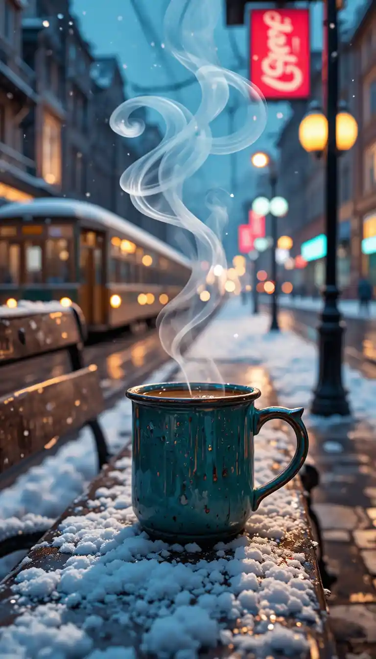 Mug di caffè fumante su panchina innevata alla fermata del tram di notte