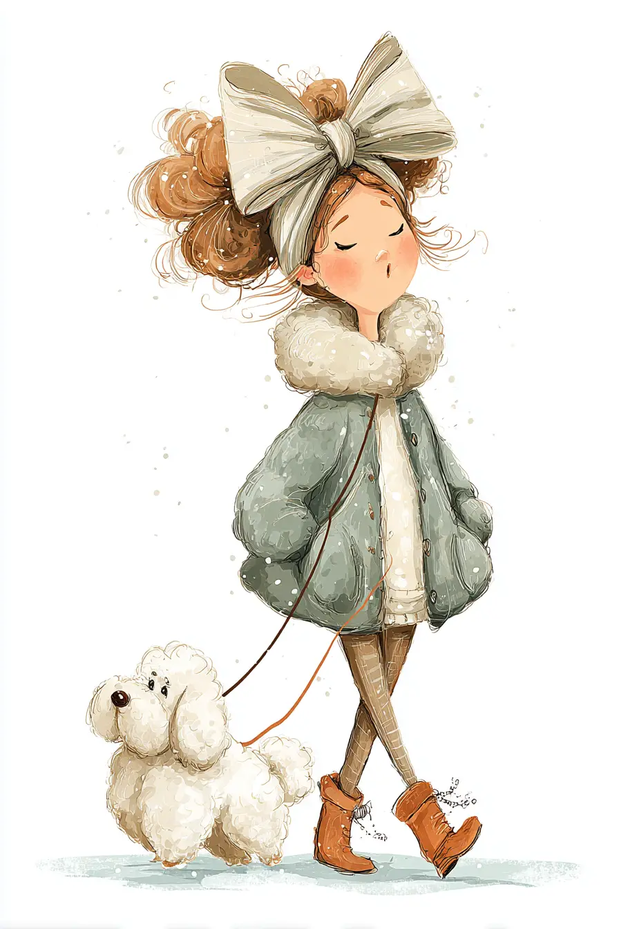 Adorable jeune fille de neige se promenant avec un chien tout doux