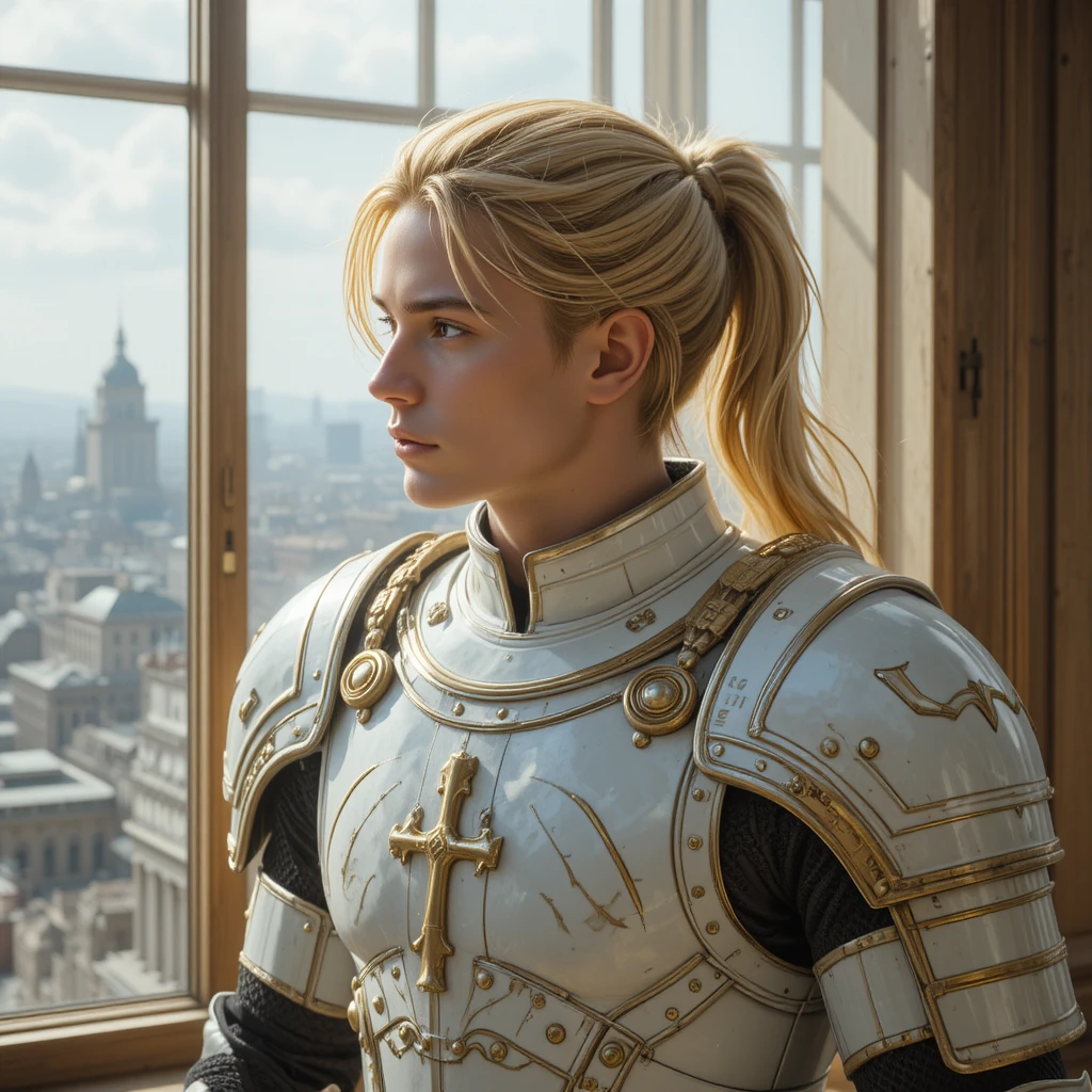 Armored young man gazing over a modern city