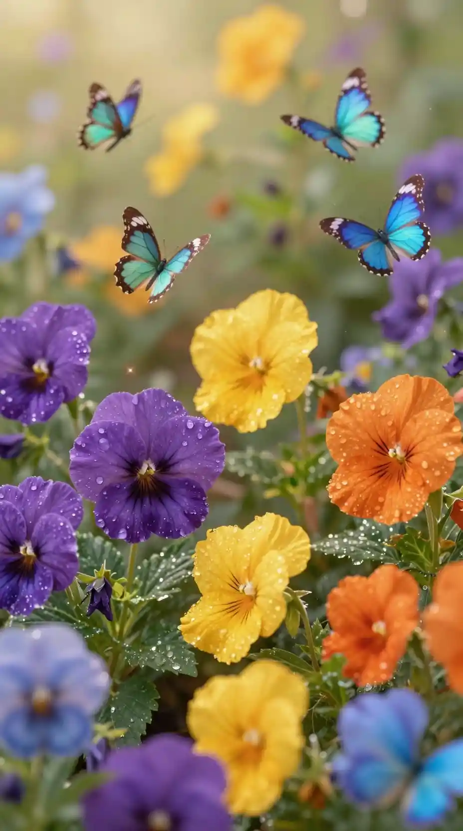 Jardin fantastique enchanteur aux fleurs lumineuses et papillons