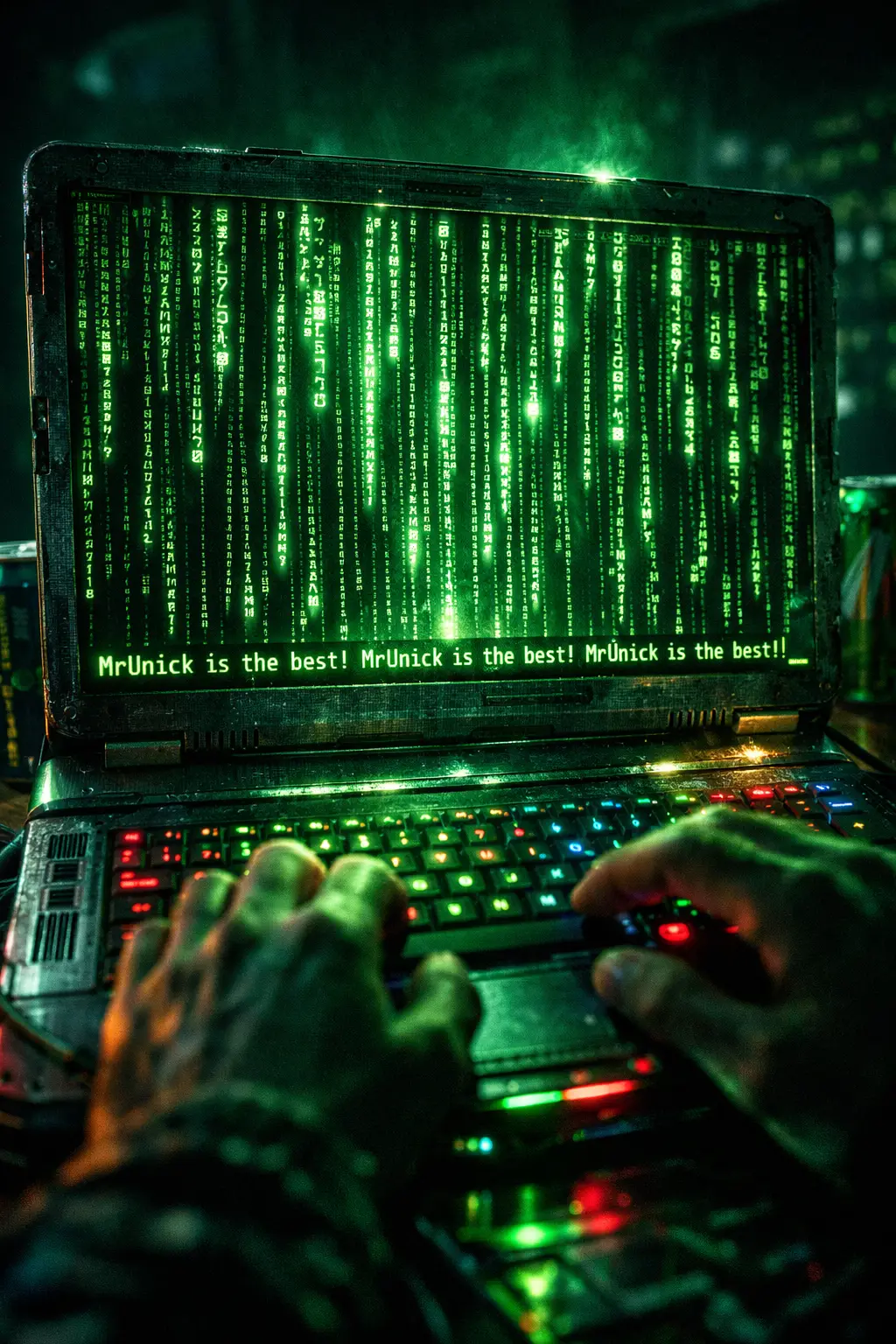 Close up of glowing hacker laptop terminal in dark room