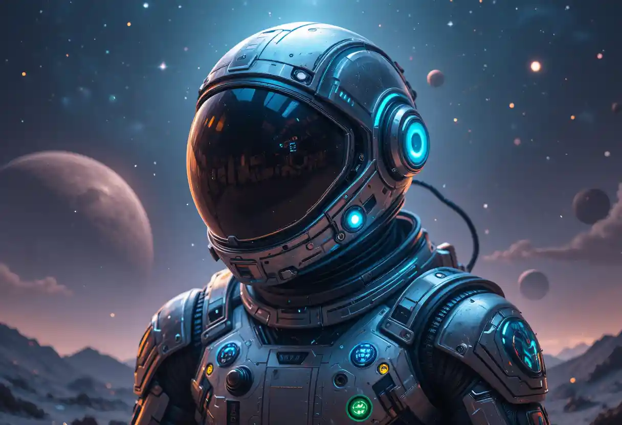 Astronaute avec casque futuriste dans le profond espace