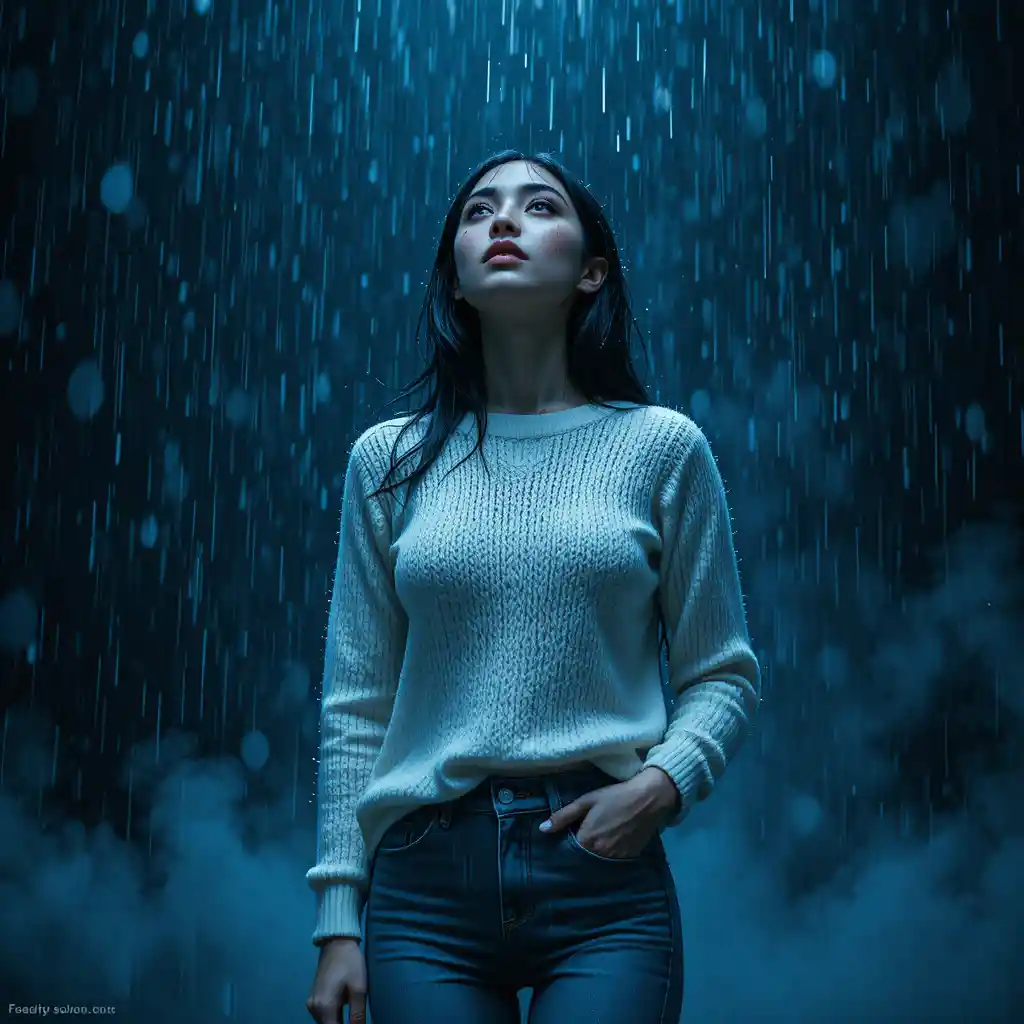 Mulher elegante na chuva usando suéter branco e jeans