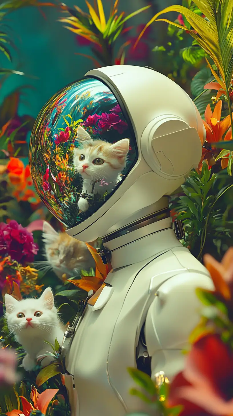 Futuristic humanoid robot among bright flowers and kittens