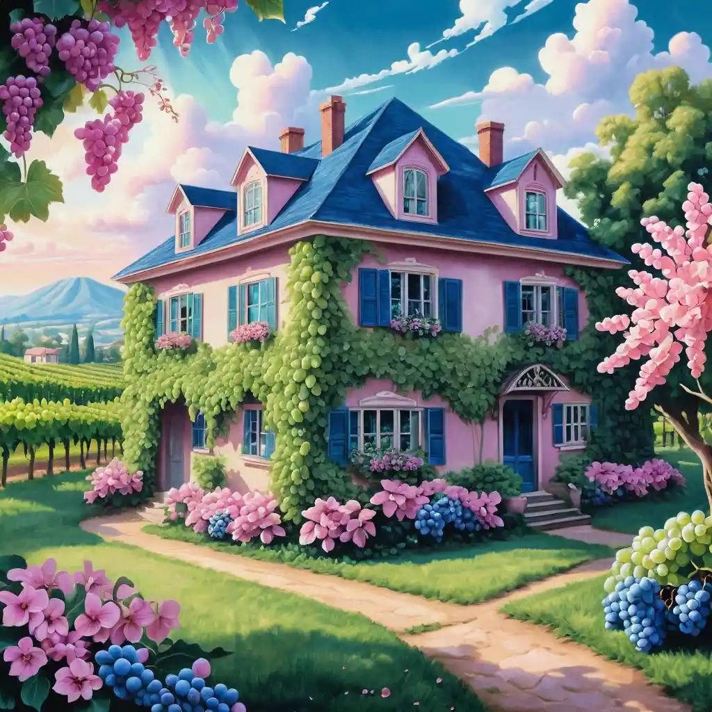 Surreal vineyard dreamscape with grapes and vintage house