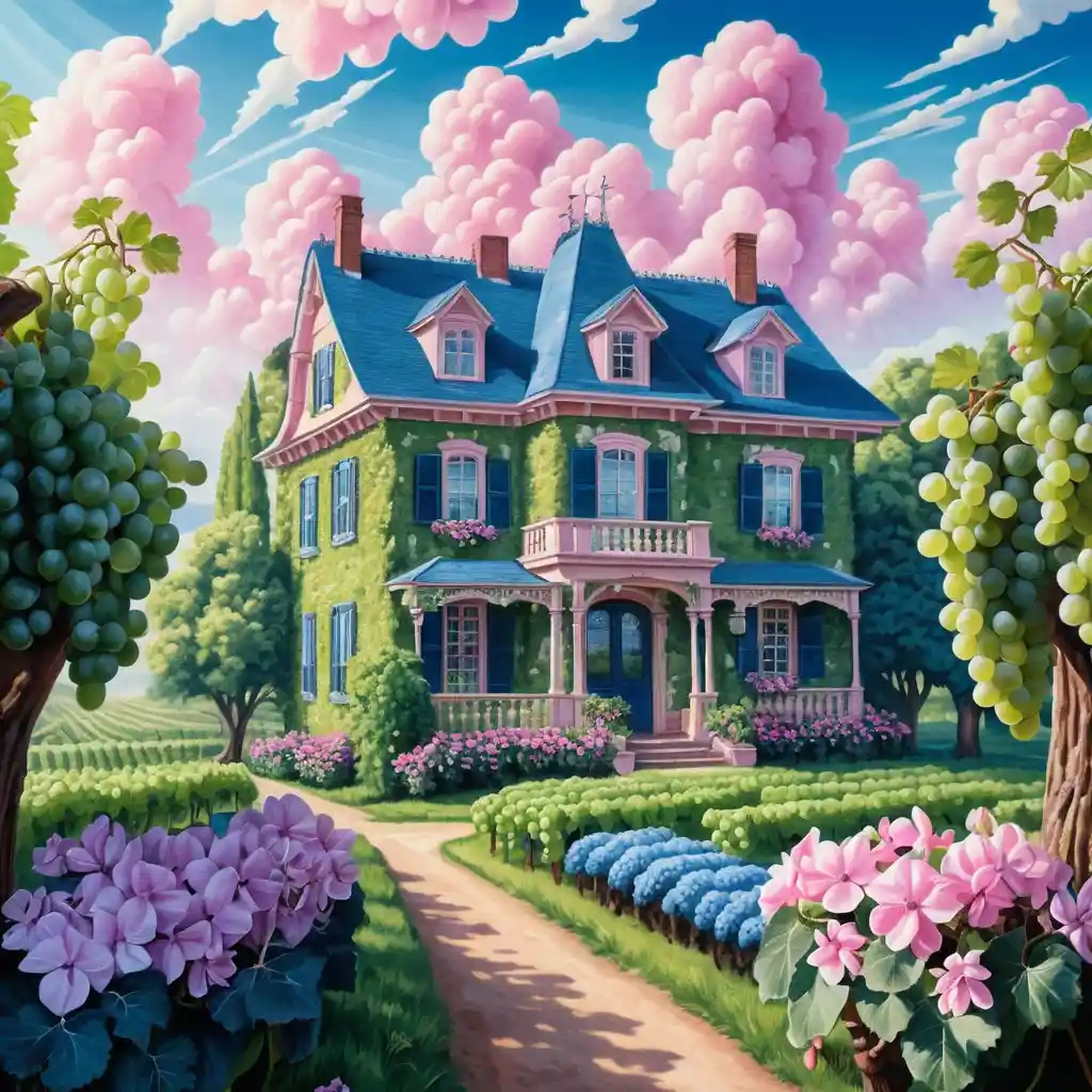 Surreal Vineyard Dreamscape With Grapes And Vintage House