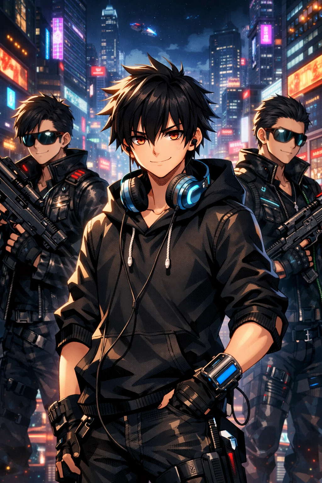 Ragazzo anime guida amici ribelli tra strade al neon cyberpunk