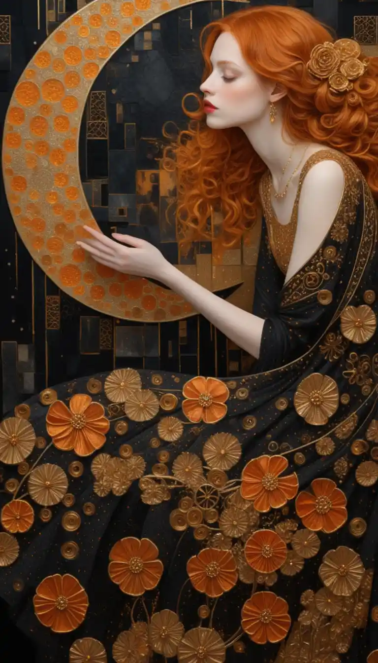 Melancholic woman before a golden moon with floating roses