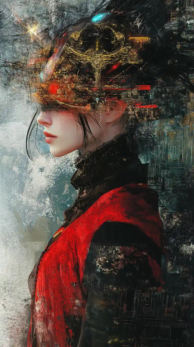 Cyberpunk princess in a celestial dark fantasy illusion
