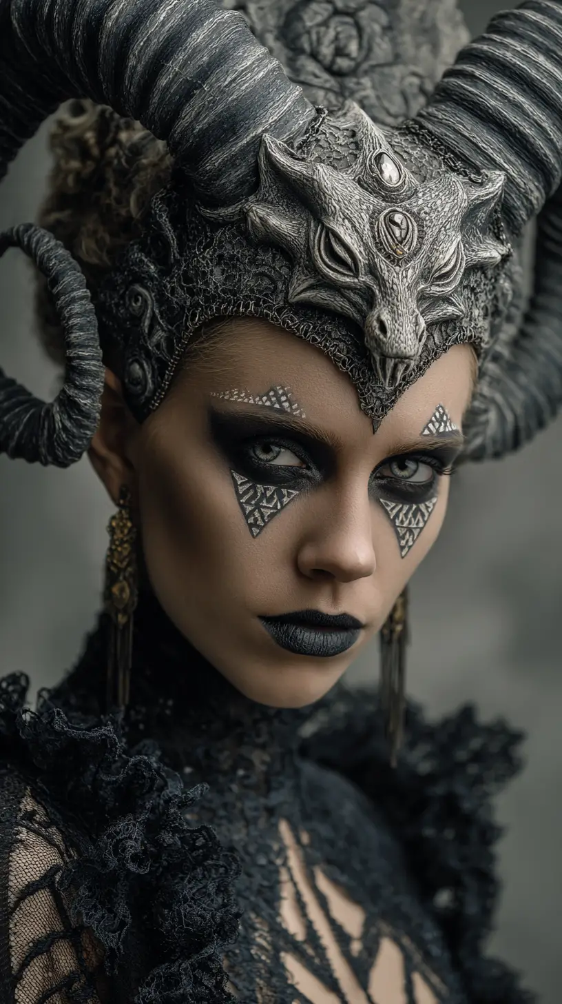 Rainha demoníaca em trono barroco em retrato de fantasia sombria