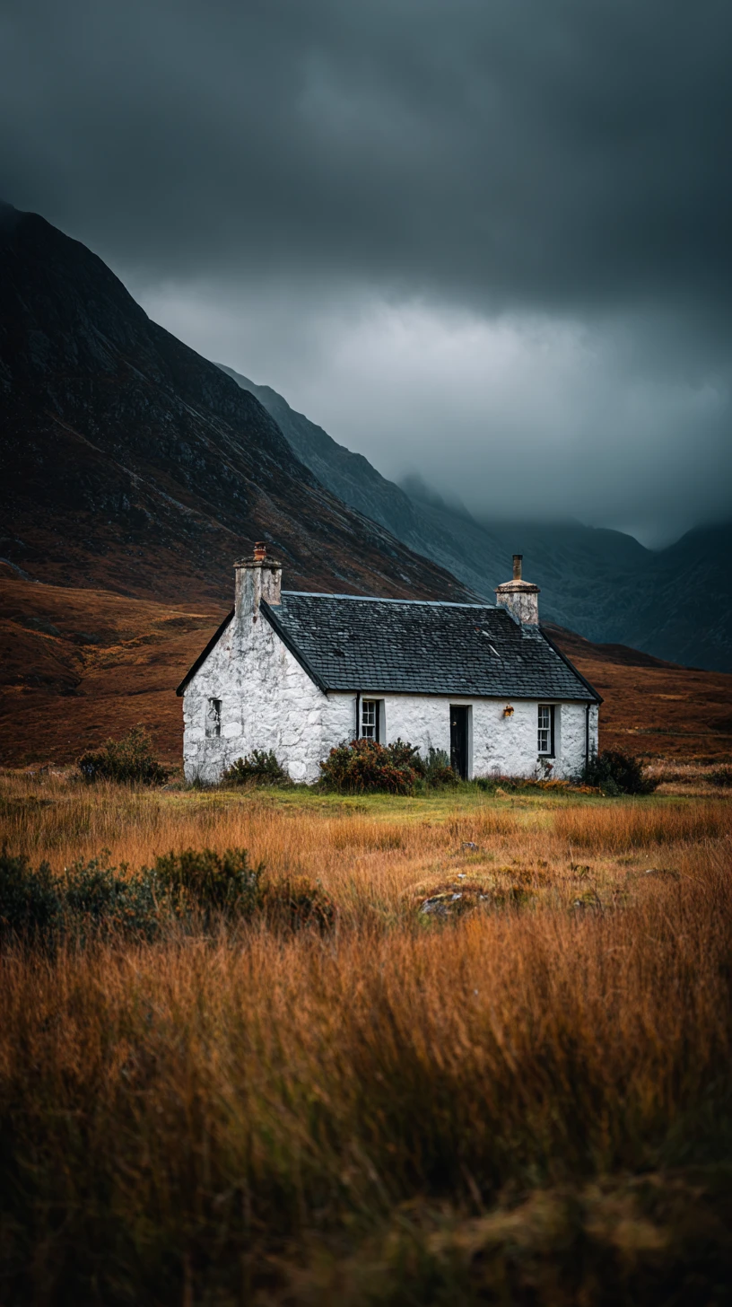 Casa escocesa caiada em paisagem montanhosa remota