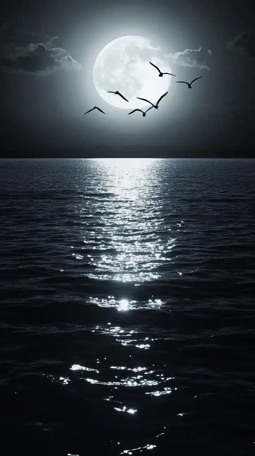 Ships on a distant sea beneath a rising pale moon